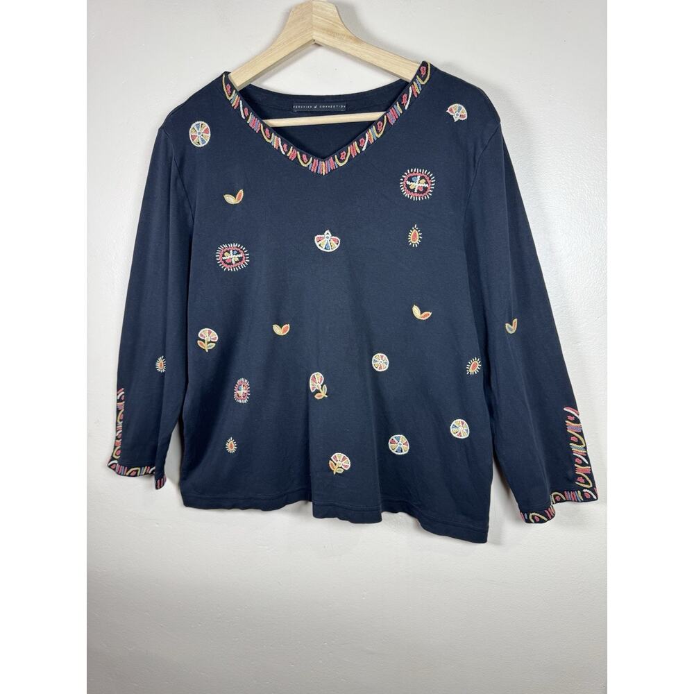 peruvian connection Womens Top Embroidered Cotton XL P 3/4 Sleeve Artsy Boho